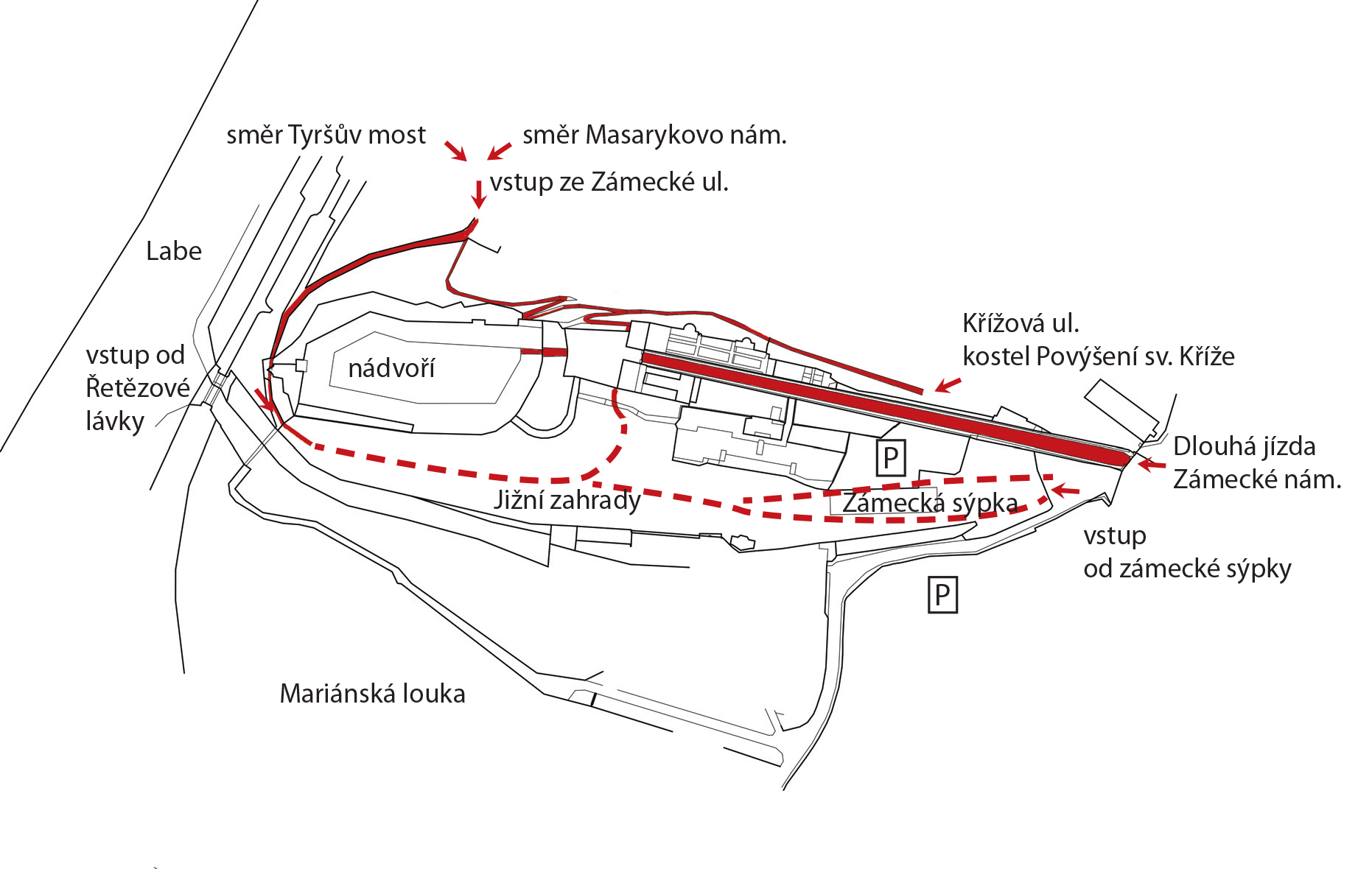 Přístupové cesty ke vstupům na Zámek Děčín