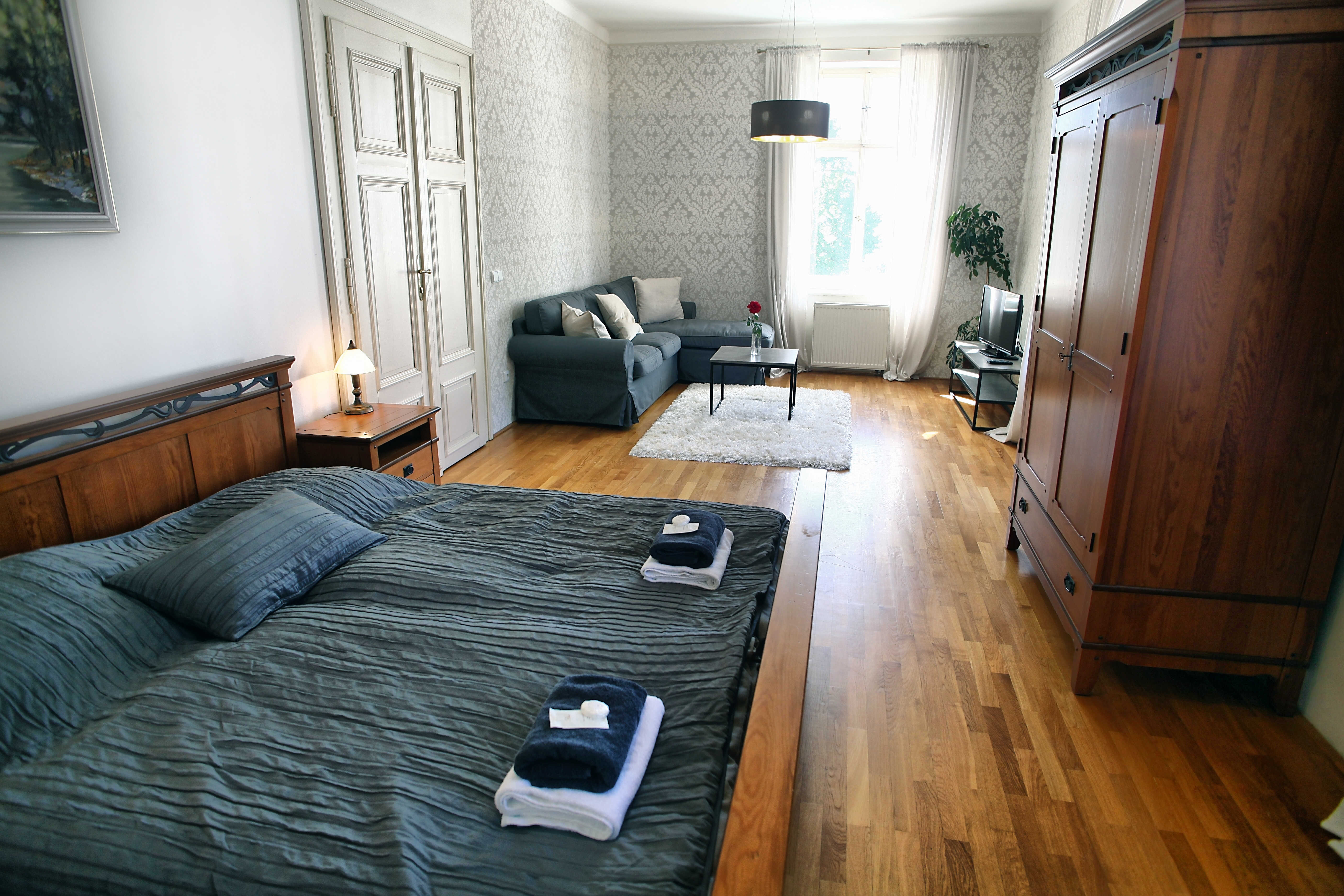 Zámecký apartmán - obývací pokoj se sedací soupravou a televizí